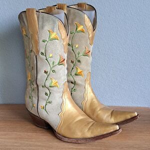 Rudel Women’s 6 Yellow Leather Cowboy Rodeo Flower Boots Vintage Embroidered